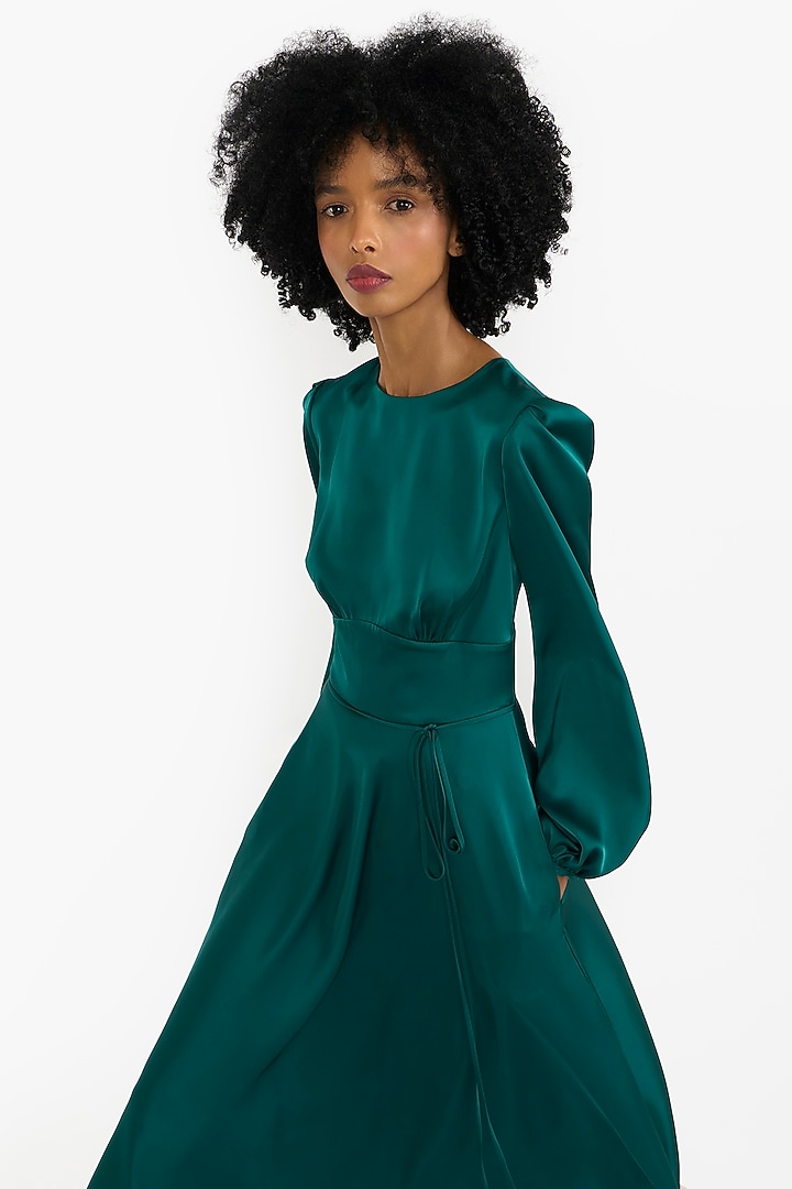 Emerald Green Satin Puff Sleeves Midi Cocktail Dress by Gauri And Nainika at Pernia's Pop Up Shop