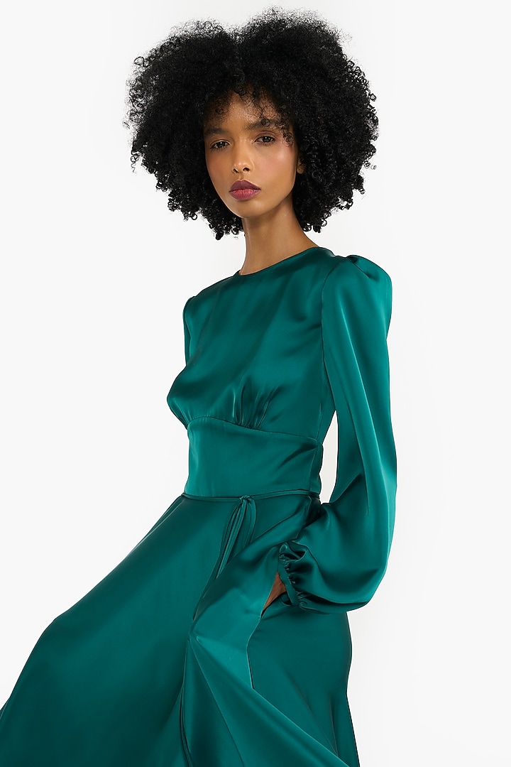 Emerald Green Satin Puff Sleeves Midi Cocktail Dress by Gauri And Nainika at Pernia's Pop Up Shop