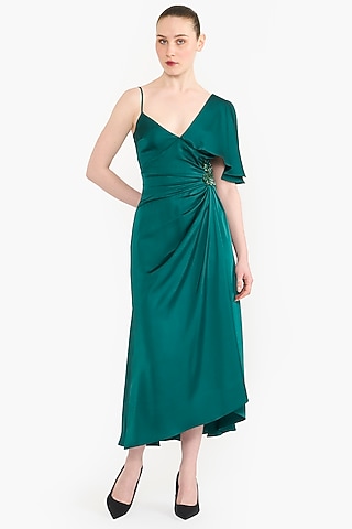Emerald Green Satin Asymmetrical Midi Dress by Gauri And Nainika