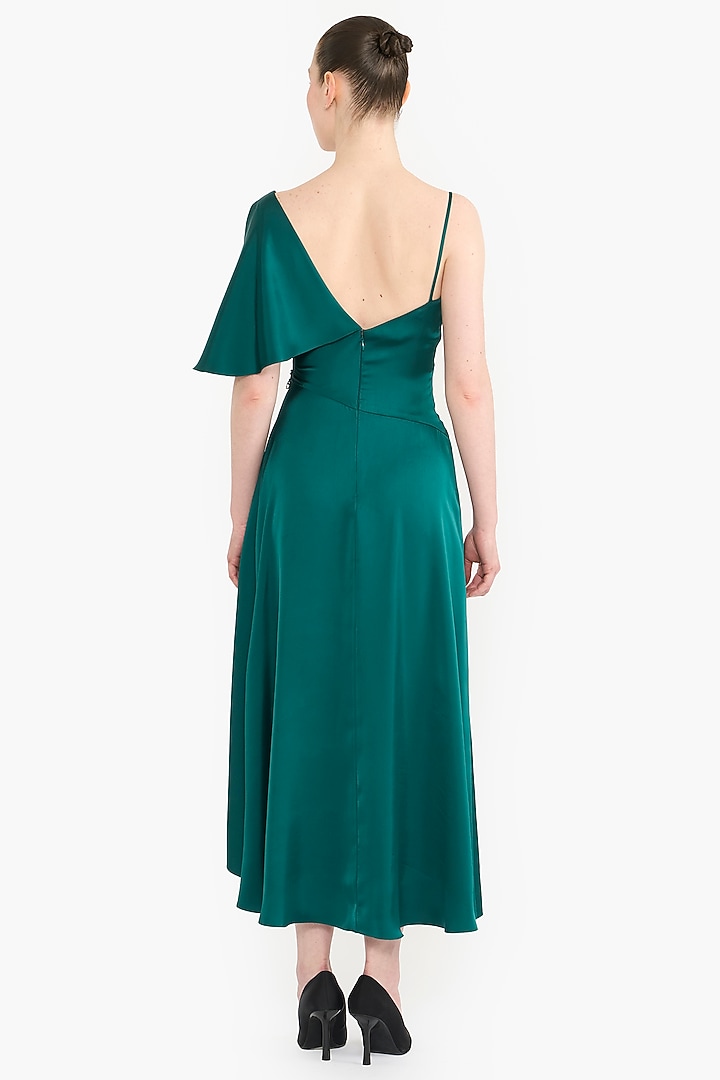 Emerald Green Satin Asymmetrical Midi Cocktail Dress by Gauri And Nainika at Pernia's Pop Up Shop