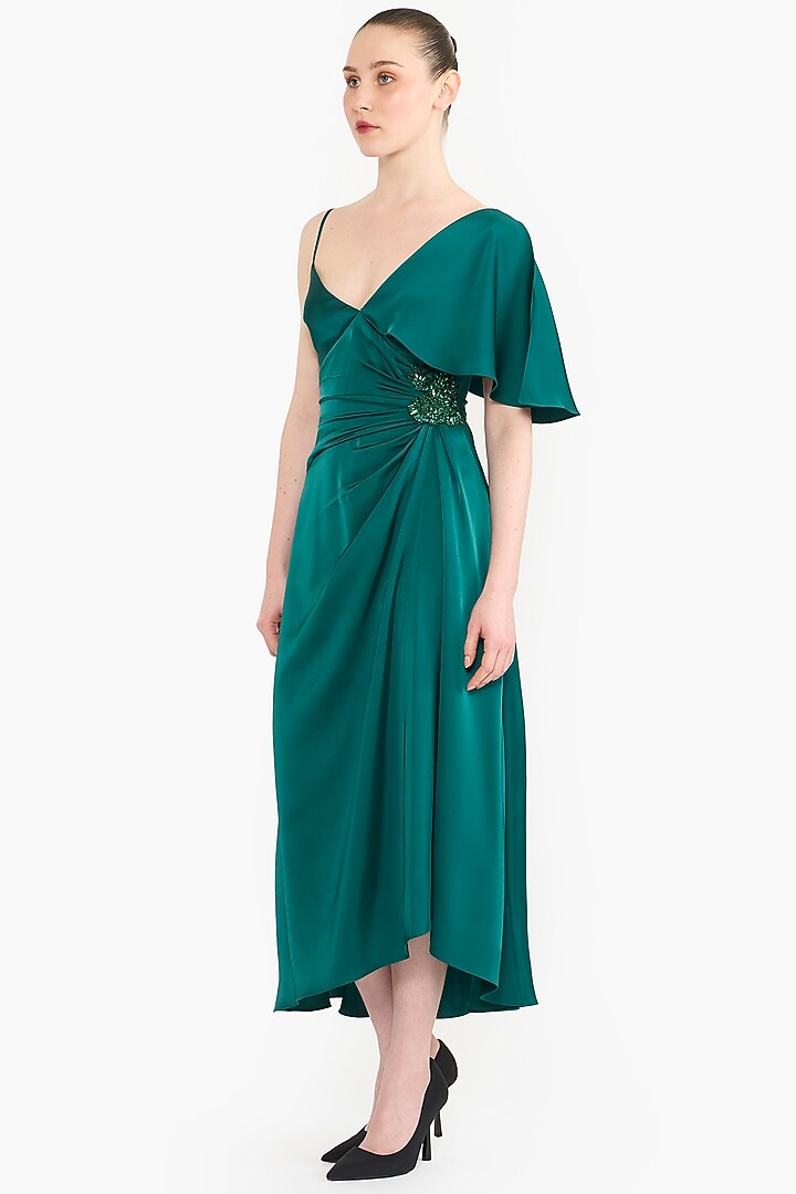 Emerald Green Satin Asymmetrical Midi Cocktail Dress by Gauri And Nainika at Pernia's Pop Up Shop