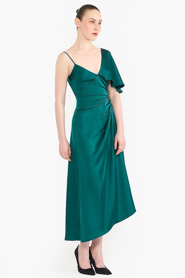 Emerald Green Satin Asymmetrical Midi Cocktail Dress by Gauri And Nainika at Pernia's Pop Up Shop