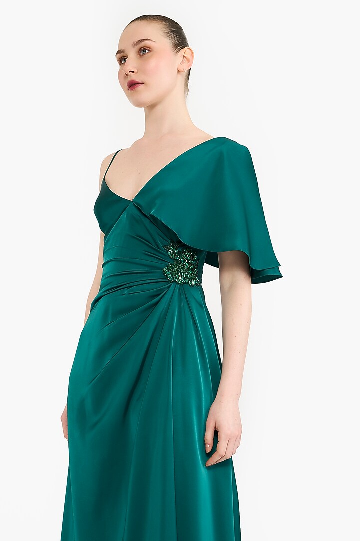 Emerald Green Satin Asymmetrical Midi Cocktail Dress by Gauri And Nainika at Pernia's Pop Up Shop