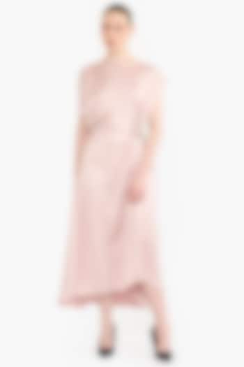 Blush Pink Satin Asymmetrical Draped Midi Party Wear Dress by Gauri And Nainika at Pernia's Pop Up Shop