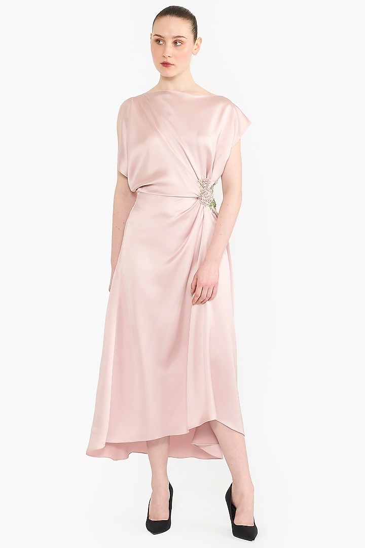 Blush Pink Satin Asymmetrical Draped Midi Party Wear Dress by Gauri And Nainika at Pernia's Pop Up Shop