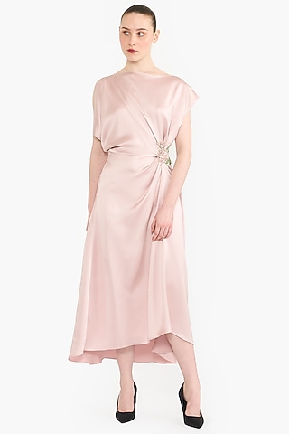 Blush Pink Satin Asymmetrical Draped Midi Dress by Gauri And Nainika