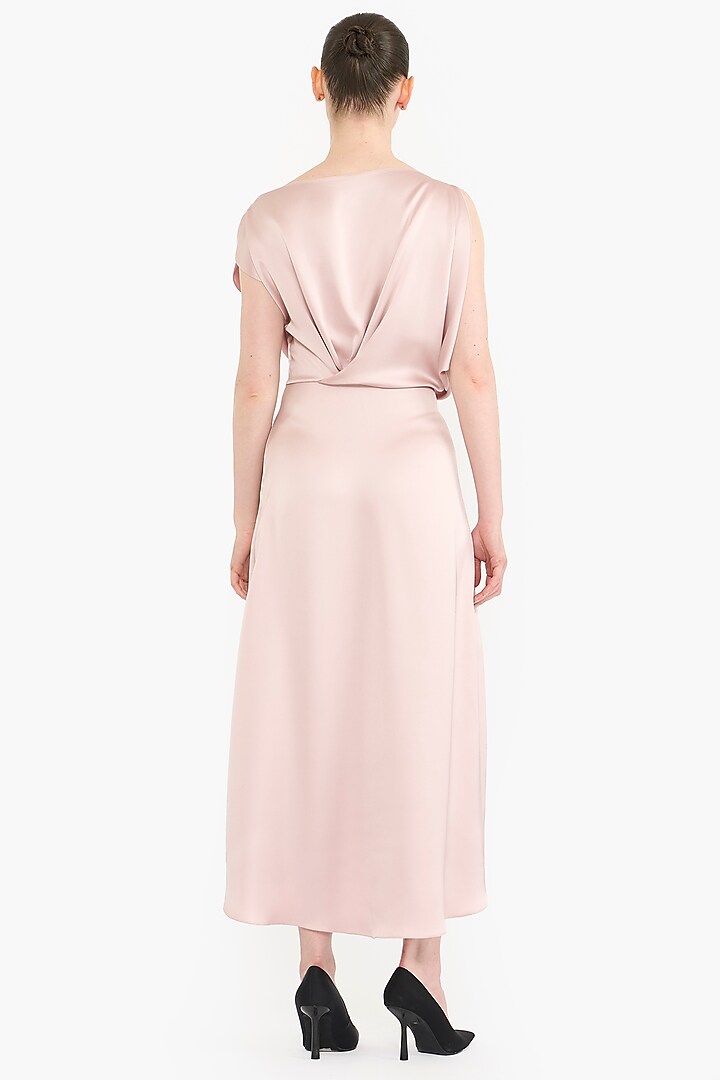 Blush Pink Satin Asymmetrical Draped Midi Party Wear Dress by Gauri And Nainika at Pernia's Pop Up Shop