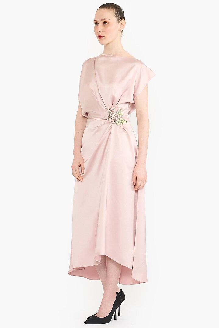 Blush Pink Satin Asymmetrical Draped Midi Party Wear Dress by Gauri And Nainika at Pernia's Pop Up Shop