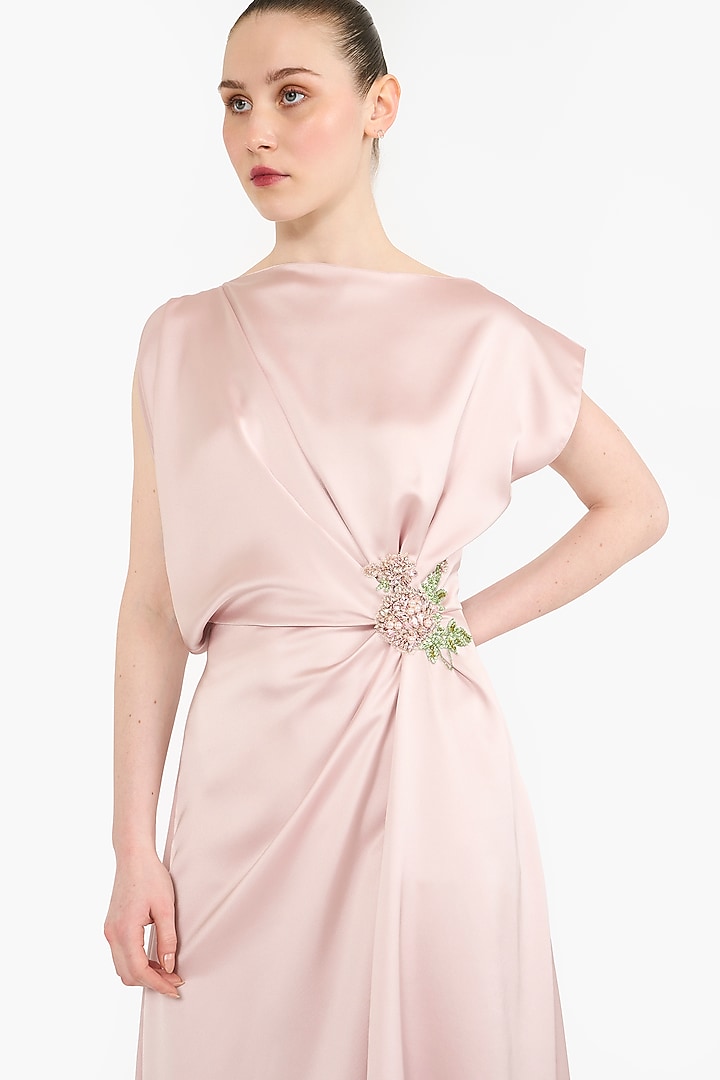 Blush Pink Satin Asymmetrical Draped Midi Party Wear Dress by Gauri And Nainika at Pernia's Pop Up Shop