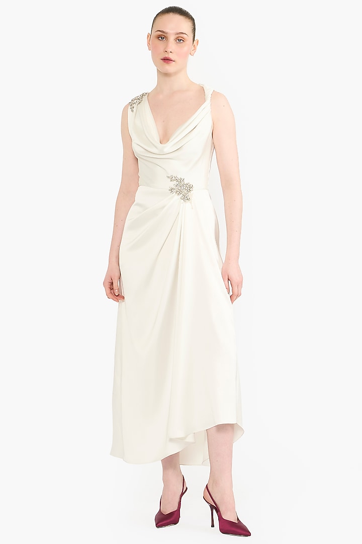 Ivory Satin Asymmetrical Midi Party Wear Dress by Gauri And Nainika at Pernia's Pop Up Shop