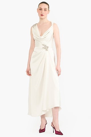 Ivory Satin Asymmetrical Midi Dress by Gauri And Nainika