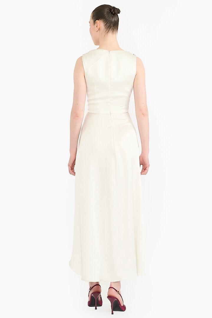 Ivory Satin Asymmetrical Midi Party Wear Dress by Gauri And Nainika at Pernia's Pop Up Shop