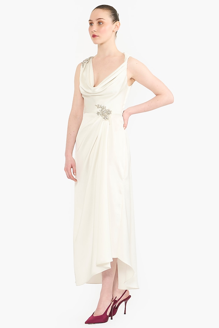 Ivory Satin Asymmetrical Midi Party Wear Dress by Gauri And Nainika at Pernia's Pop Up Shop
