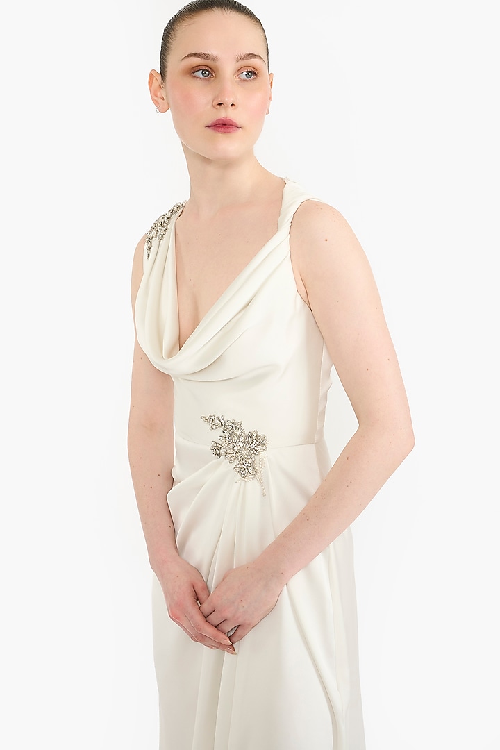 Ivory Satin Asymmetrical Midi Party Wear Dress by Gauri And Nainika at Pernia's Pop Up Shop