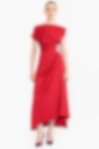 Red Satin Asymmetrical Midi Party Wear Dress by Gauri And Nainika at Pernia's Pop Up Shop