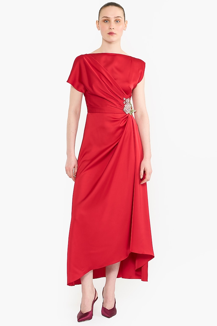 Red Satin Asymmetrical Midi Party Wear Dress by Gauri And Nainika at Pernia's Pop Up Shop