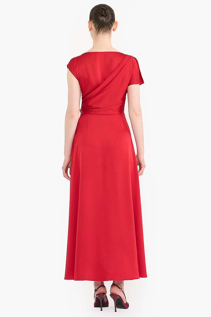 Red Satin Asymmetrical Midi Party Wear Dress by Gauri And Nainika at Pernia's Pop Up Shop