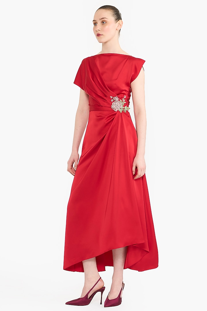 Red Satin Asymmetrical Midi Party Wear Dress by Gauri And Nainika at Pernia's Pop Up Shop