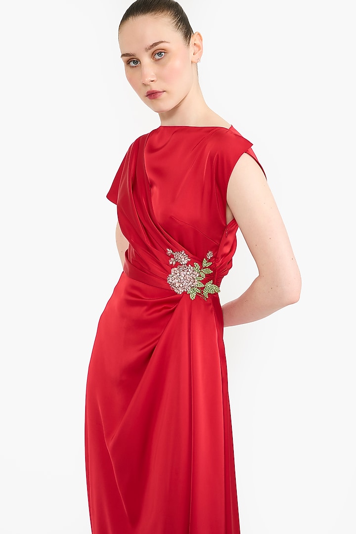 Red Satin Asymmetrical Midi Party Wear Dress by Gauri And Nainika at Pernia's Pop Up Shop