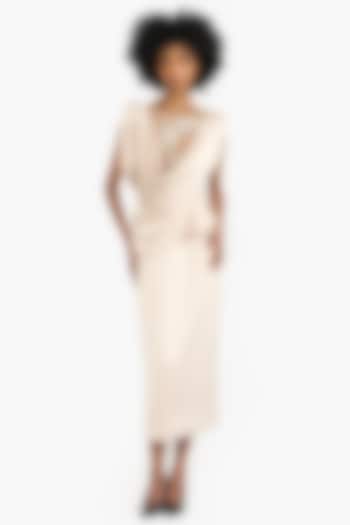 Sea Mist Satin Draped Midi Pencil Party Wear Dress by Gauri And Nainika at Pernia's Pop Up Shop