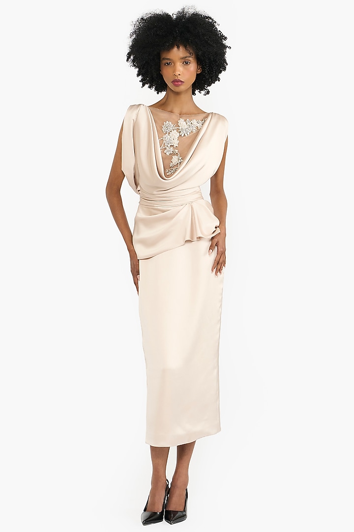 Sea Mist Satin Draped Midi Pencil Party Wear Dress by Gauri And Nainika at Pernia's Pop Up Shop