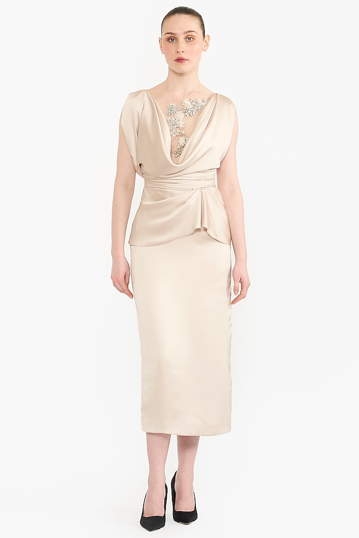 Sea Mist Satin Draped Midi Pencil Party Wear Dress by Gauri And Nainika at Pernia's Pop Up Shop