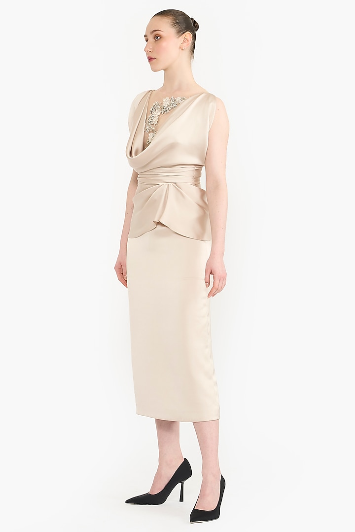 Sea Mist Satin Draped Midi Pencil Party Wear Dress by Gauri And Nainika at Pernia's Pop Up Shop
