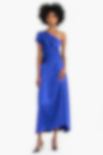 Electric Blue Satin One-Shoulder Midi Cocktail Dress by Gauri And Nainika at Pernia's Pop Up Shop