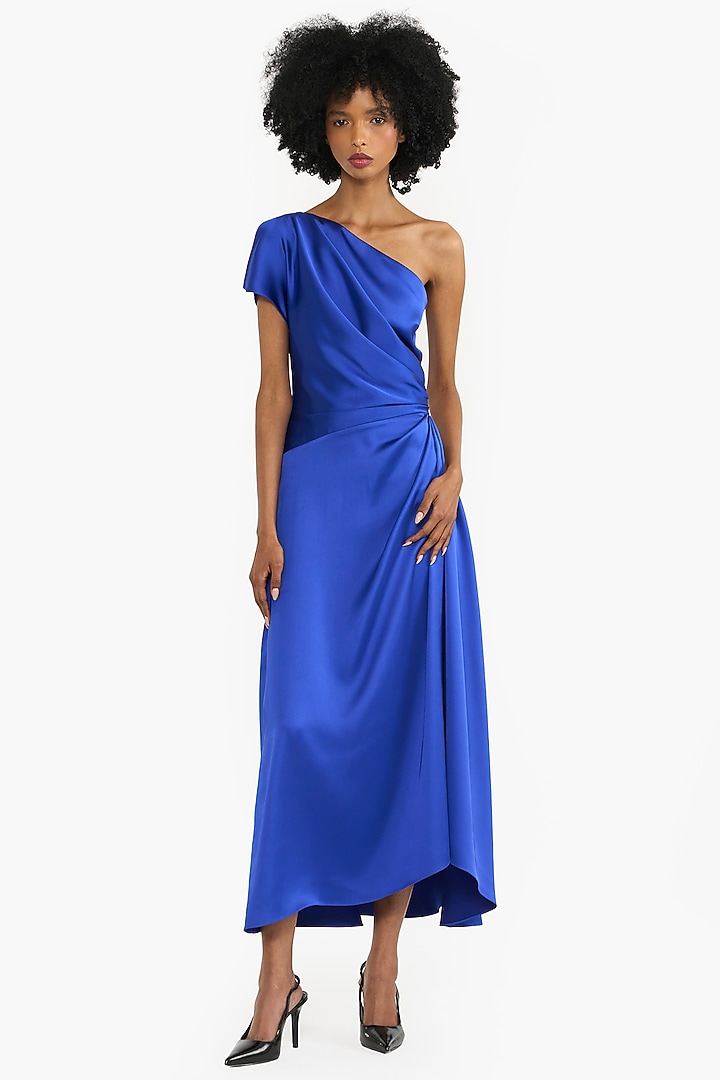 Electric Blue Satin One-Shoulder Midi Cocktail Dress by Gauri And Nainika at Pernia's Pop Up Shop