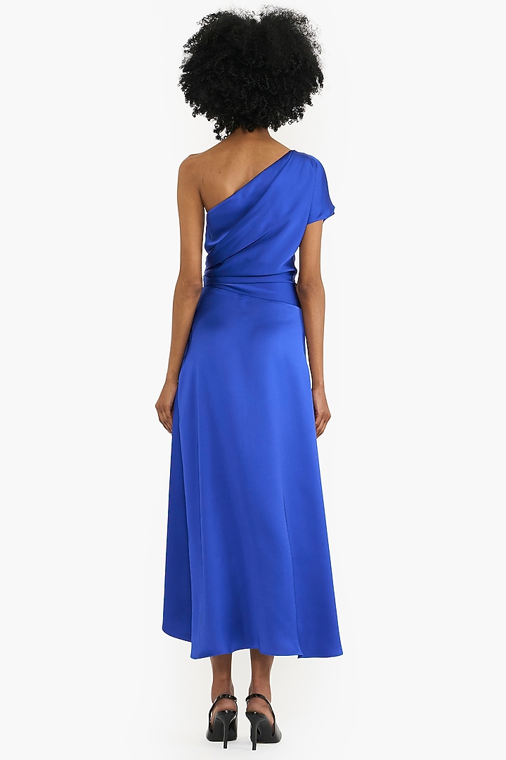 Electric Blue Satin One-Shoulder Midi Cocktail Dress by Gauri And Nainika at Pernia's Pop Up Shop