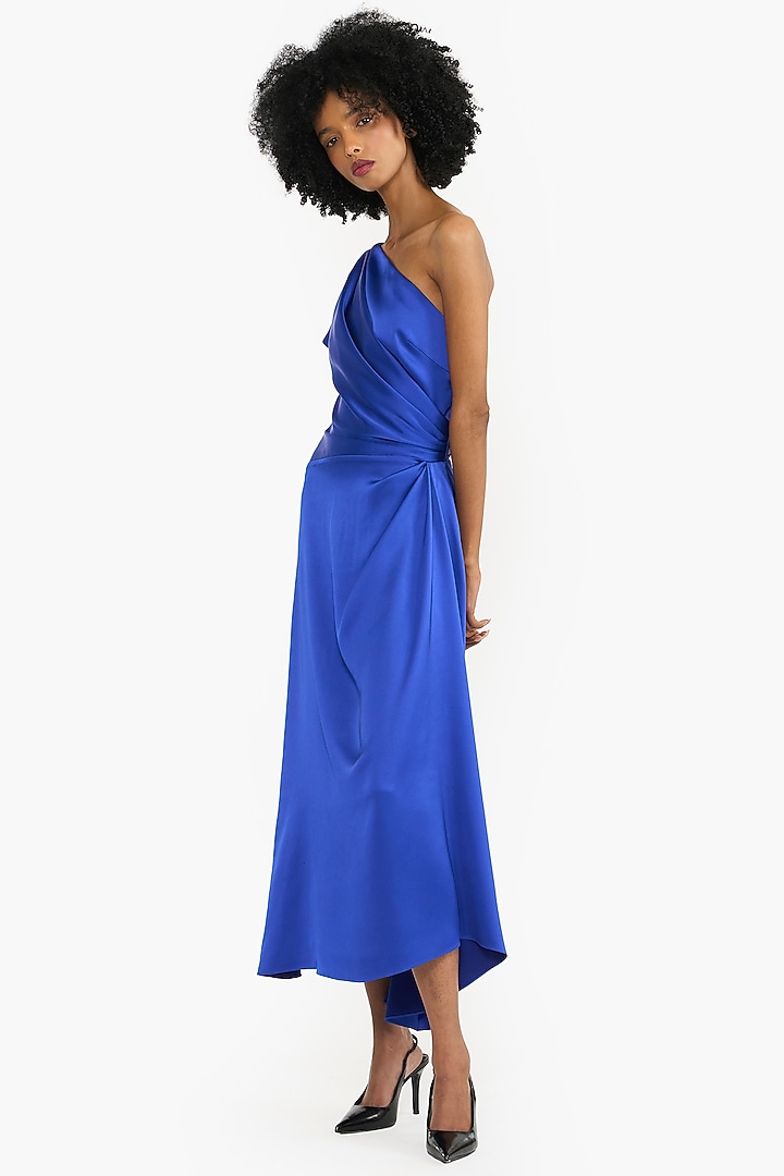 Electric Blue Satin One-Shoulder Midi Cocktail Dress by Gauri And Nainika at Pernia's Pop Up Shop