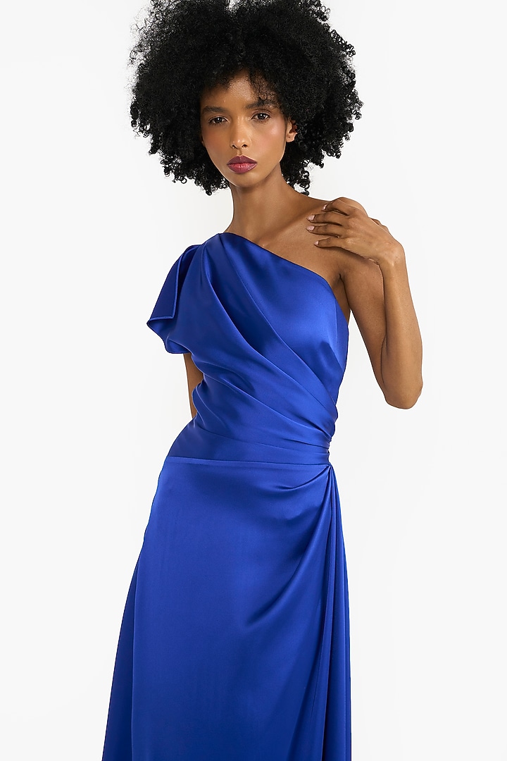 Electric Blue Satin One-Shoulder Midi Cocktail Dress by Gauri And Nainika at Pernia's Pop Up Shop