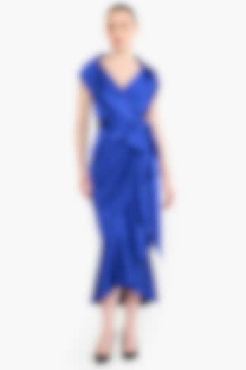 Electric Blue Satin Wrap-Around Midi Cocktail Dress by Gauri And Nainika at Pernia's Pop Up Shop