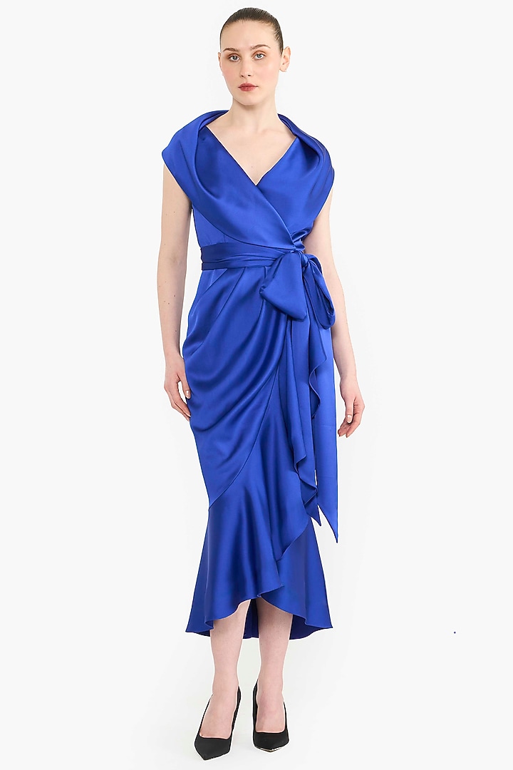 Electric Blue Satin Wrap-Around Midi Cocktail Dress by Gauri And Nainika at Pernia's Pop Up Shop
