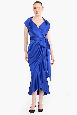 Electric Blue Satin Wrap-Around Midi Dress by Gauri And Nainika