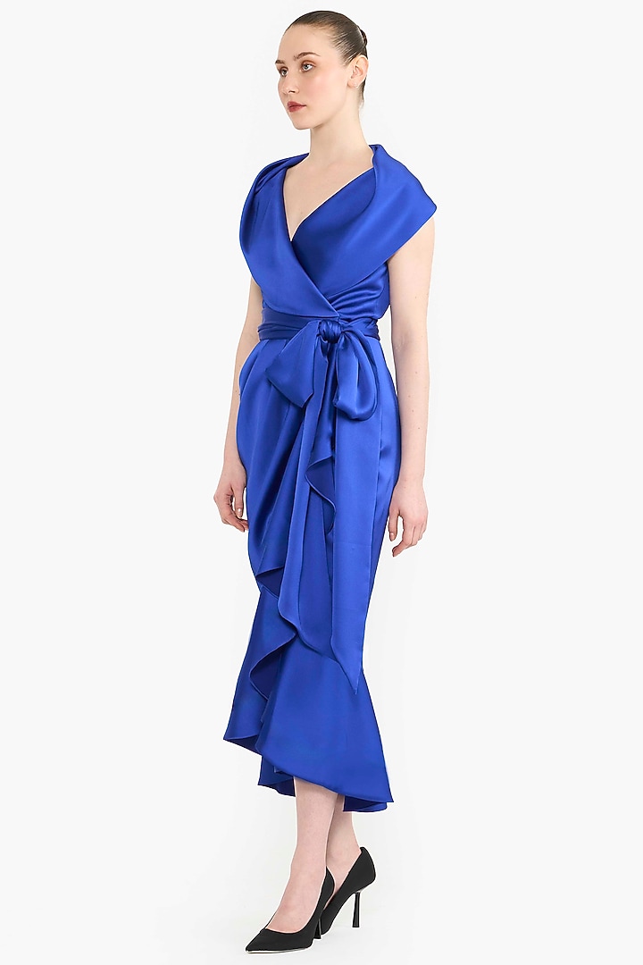 Electric Blue Satin Wrap-Around Midi Cocktail Dress by Gauri And Nainika at Pernia's Pop Up Shop