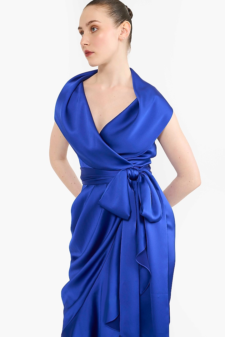 Electric Blue Satin Wrap-Around Midi Cocktail Dress by Gauri And Nainika at Pernia's Pop Up Shop