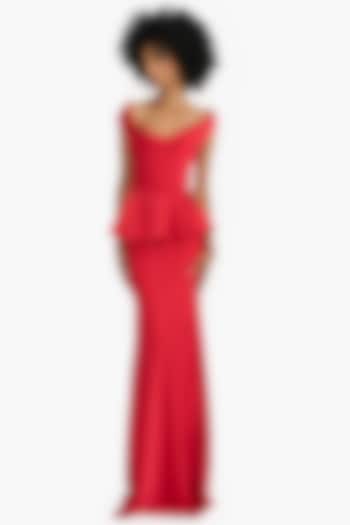 Red Satin Off-Shoulder Corseted Wedding Gown by Gauri And Nainika at Pernia's Pop Up Shop