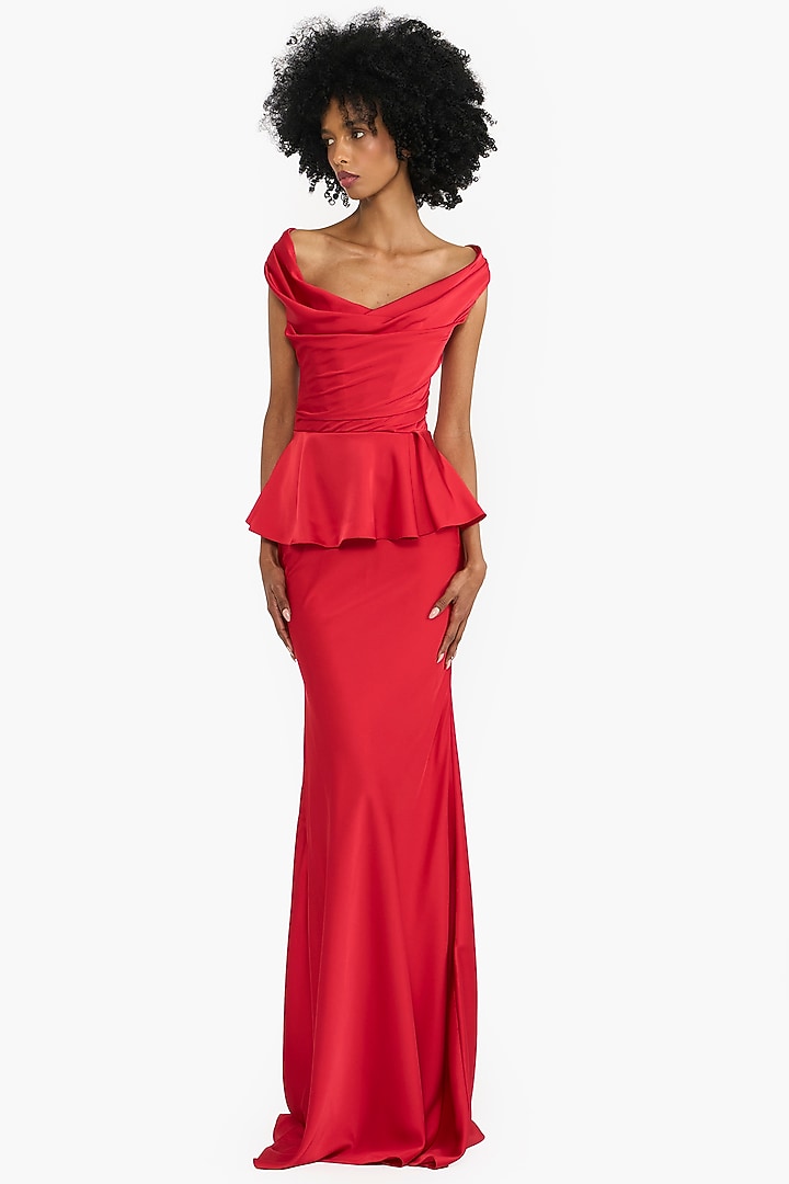 Red Satin Off-Shoulder Corseted Wedding Gown by Gauri And Nainika at Pernia's Pop Up Shop