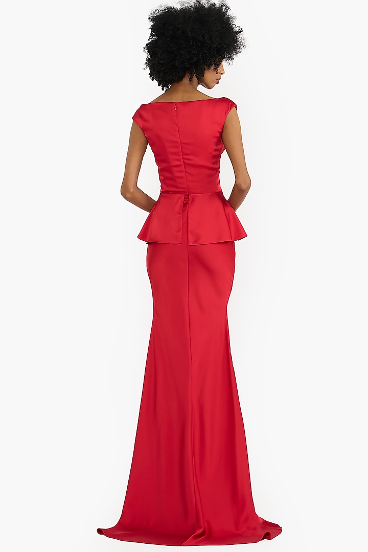 Red Satin Off-Shoulder Corseted Wedding Gown by Gauri And Nainika at Pernia's Pop Up Shop