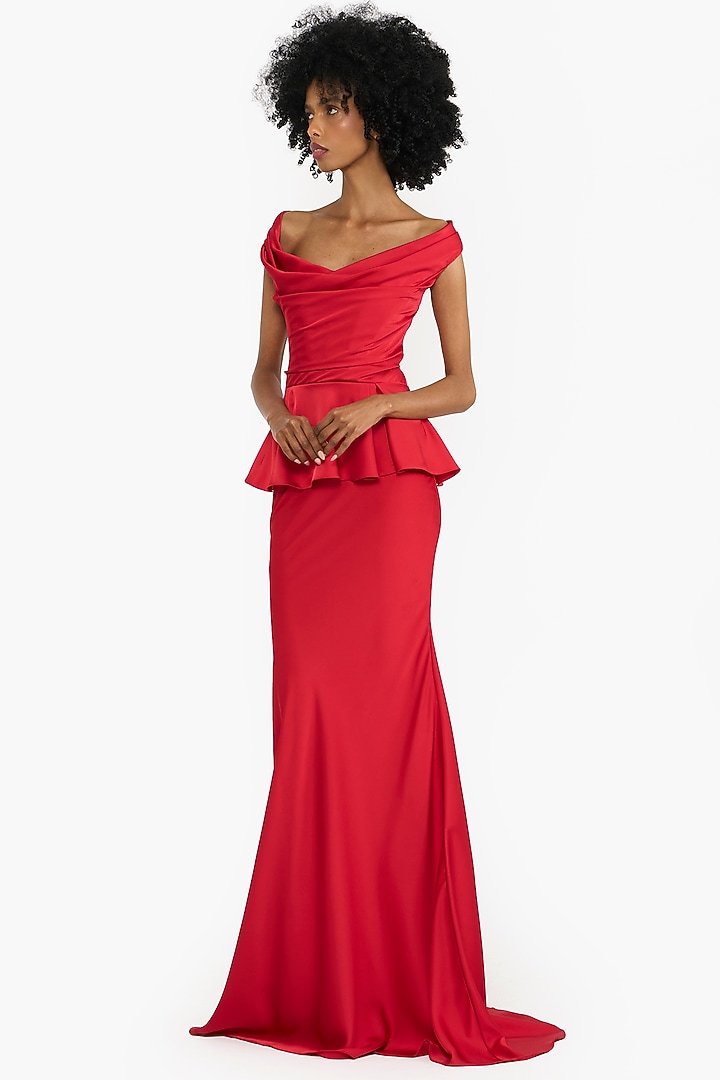 Red Satin Off-Shoulder Corseted Wedding Gown by Gauri And Nainika at Pernia's Pop Up Shop