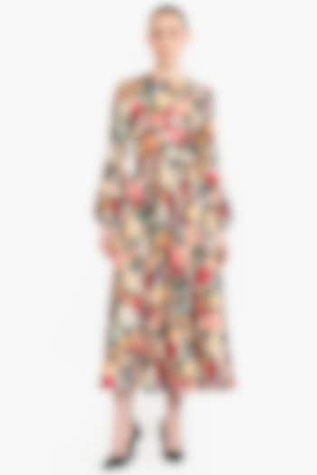 Multi-Colored Satin Printed Midi Cocktail Dress by Gauri And Nainika at Pernia's Pop Up Shop