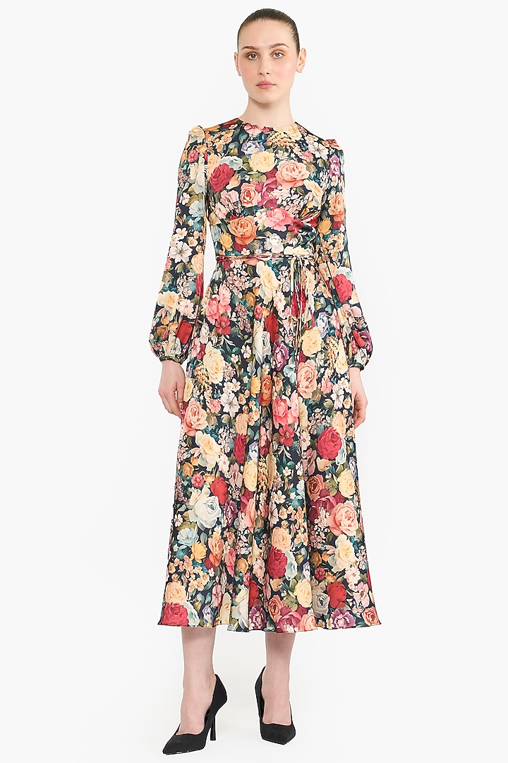 Multi-Colored Satin Printed Midi Cocktail Dress by Gauri And Nainika at Pernia's Pop Up Shop
