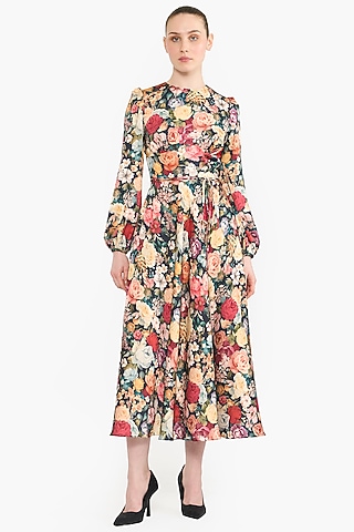 Multi-Colored Satin Printed Midi Dress by Gauri And Nainika