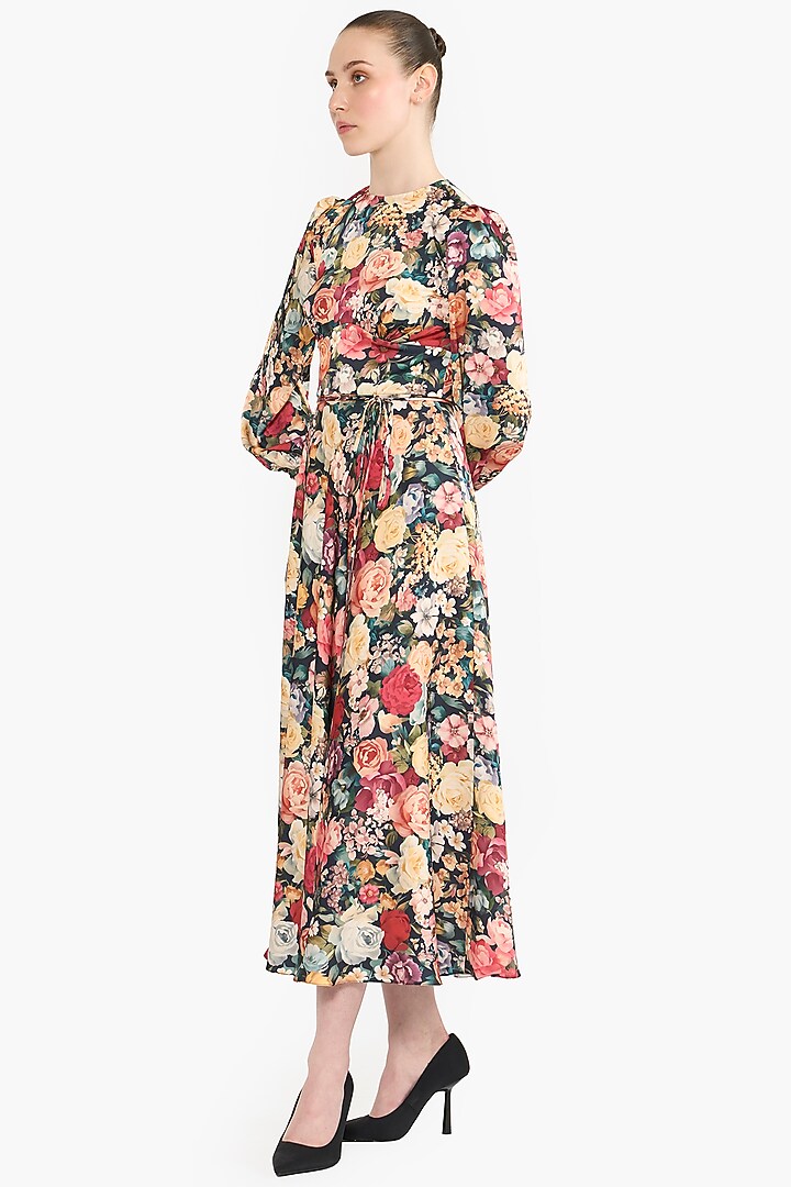 Multi-Colored Satin Printed Midi Cocktail Dress by Gauri And Nainika at Pernia's Pop Up Shop