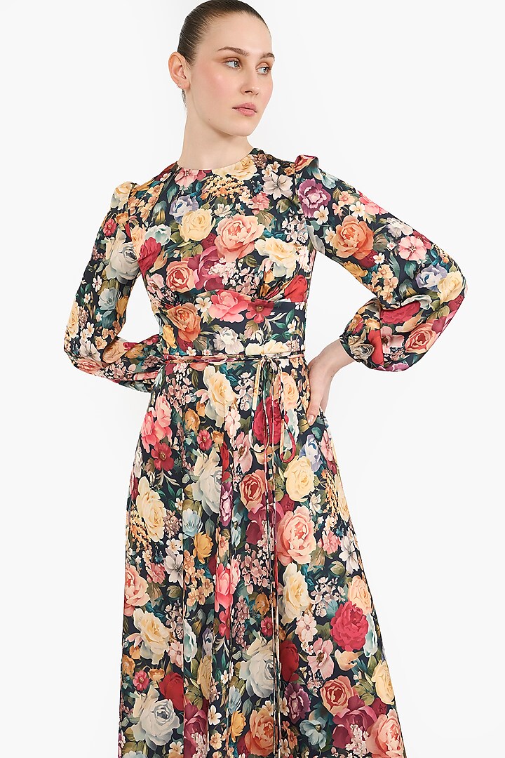 Multi-Colored Satin Printed Midi Cocktail Dress by Gauri And Nainika at Pernia's Pop Up Shop