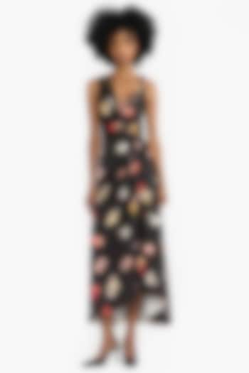 Black Satin Printed Asymmetrical Midi Cocktail Dress by Gauri And Nainika at Pernia's Pop Up Shop