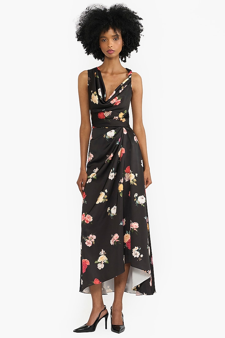 Black Satin Printed Asymmetrical Midi Cocktail Dress by Gauri And Nainika at Pernia's Pop Up Shop