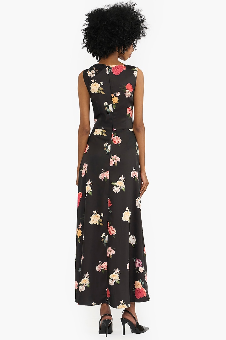 Black Satin Printed Asymmetrical Midi Cocktail Dress by Gauri And Nainika at Pernia's Pop Up Shop