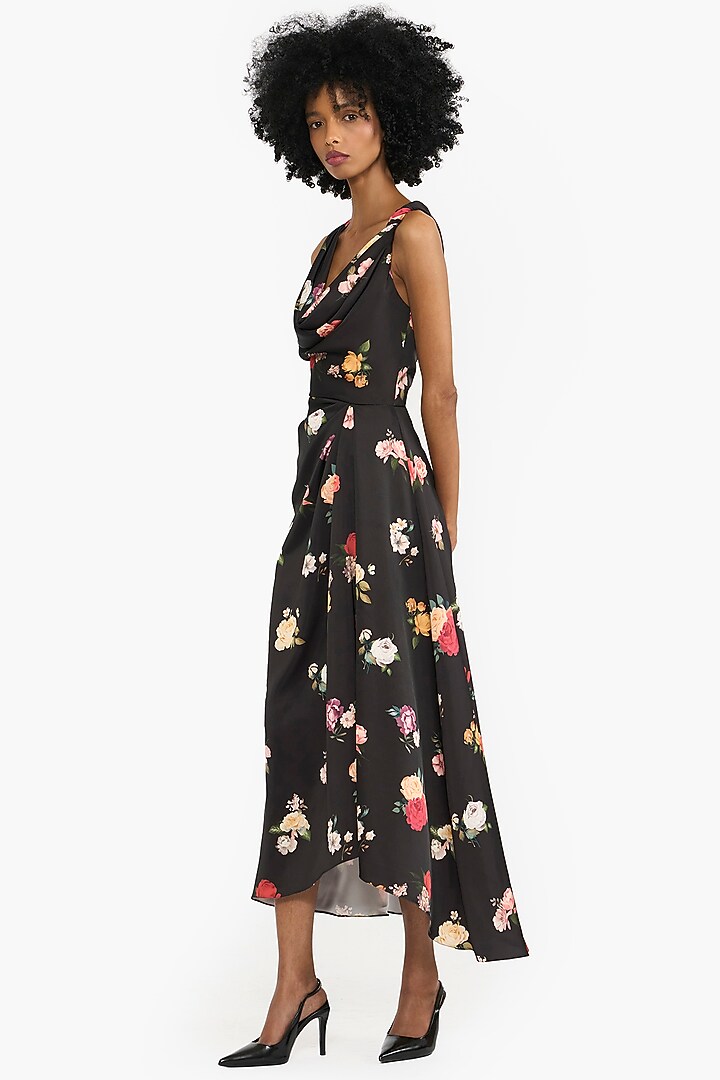 Black Satin Printed Asymmetrical Midi Cocktail Dress by Gauri And Nainika at Pernia's Pop Up Shop